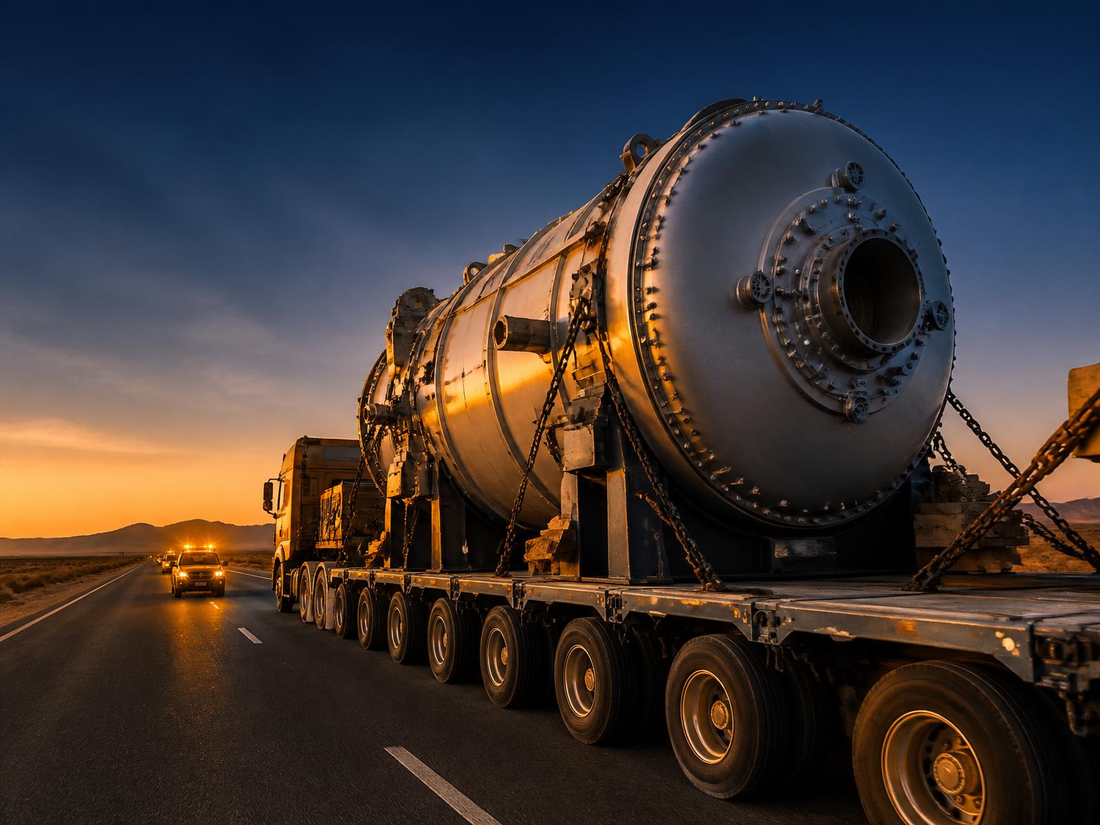 Oversized industrial vessel on extendable flatbed with escort — UAE highway