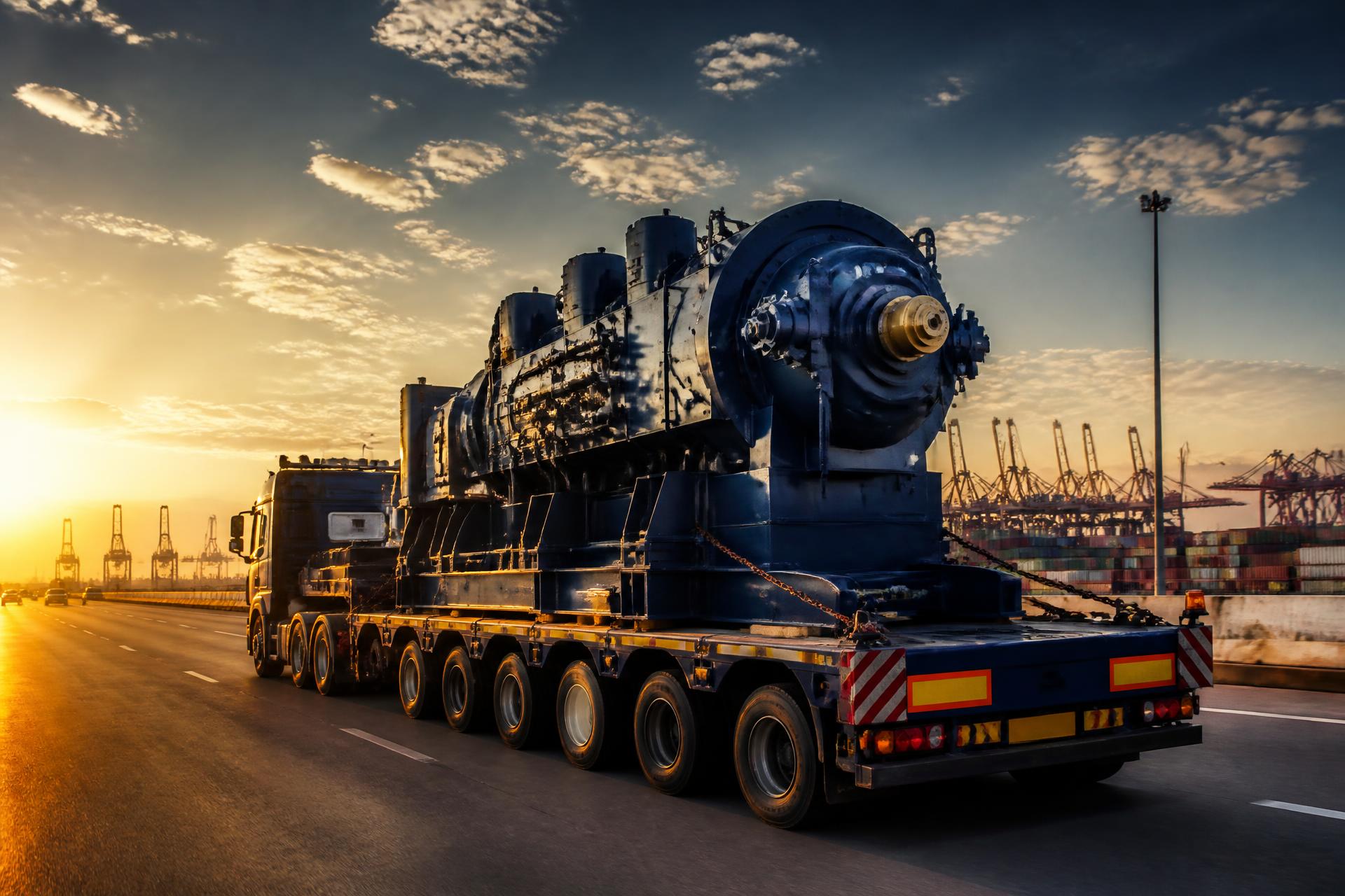 Low-bed trailer transporting heavy industrial machinery near Jebel Ali, Dubai